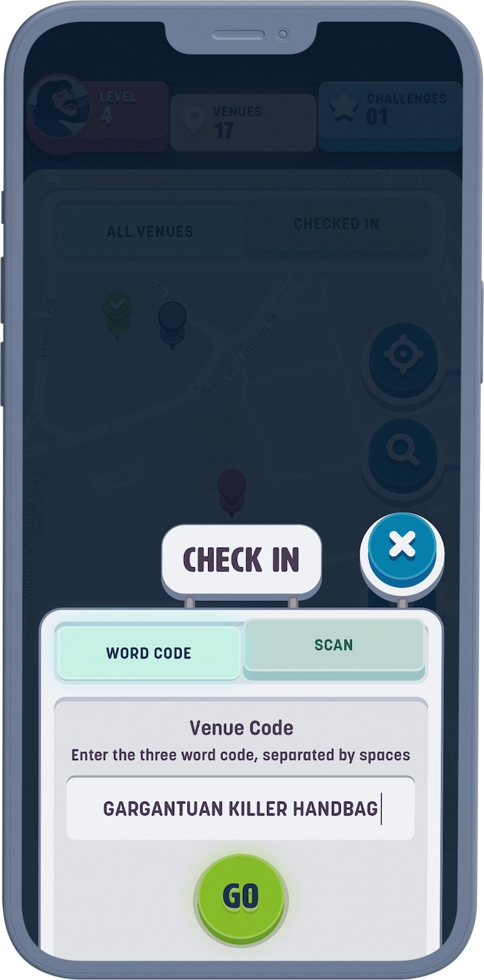 A grey iPhone displaying a segmented interface that allows the user to check in to a venue